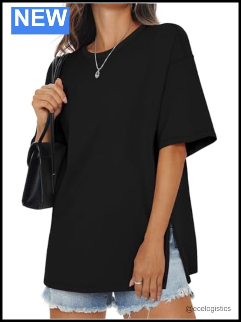 Cotton Oversized Tee Side Slit Crewneck Loose Fit Short Sleeve T-Shirt Women